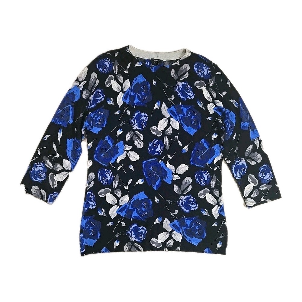 Talbots Pure Cashmere Sweater Blue Roses Blooming Floral Women's Large